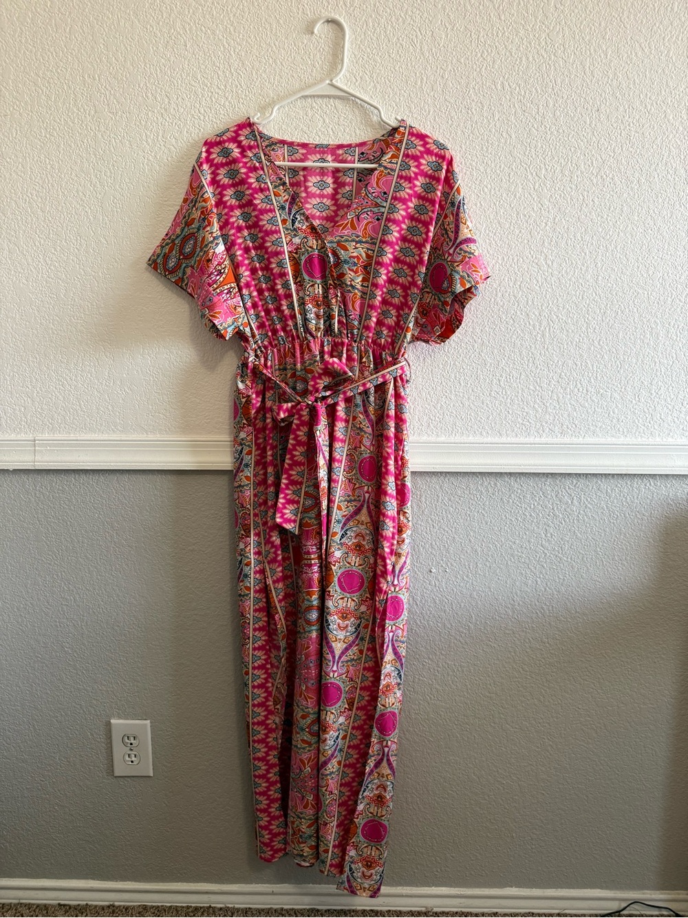 SHEIN Pink & Multicolor Boho V-Neck Maxi Dress with Tie Waist